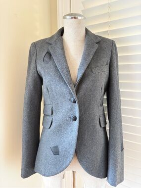 Literature Noir Gray Wool Deconstructed Blazer Leather Patch Size S